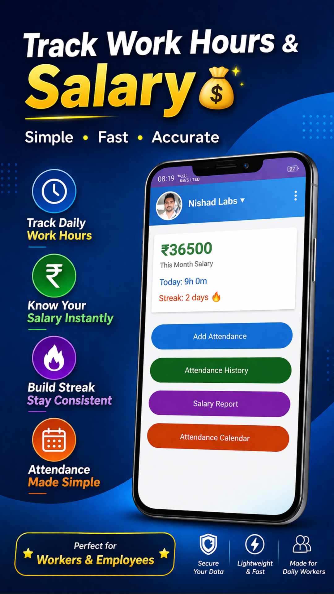 Work Hours & Salary Tracker mobile app screenshot